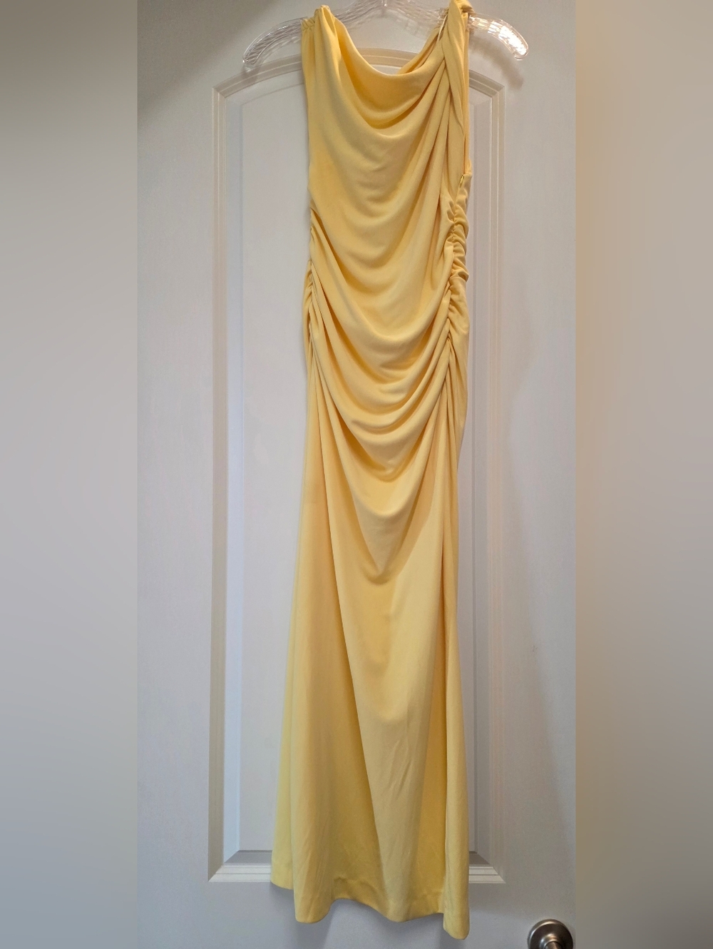 Butter Yellow Draped One-Shoulder Maxi Fitted Bodycon Dress - Picture 5 of 9
